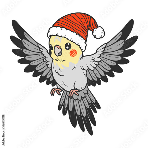 cute cockatiel parrot wearing a Christmas hat illustration