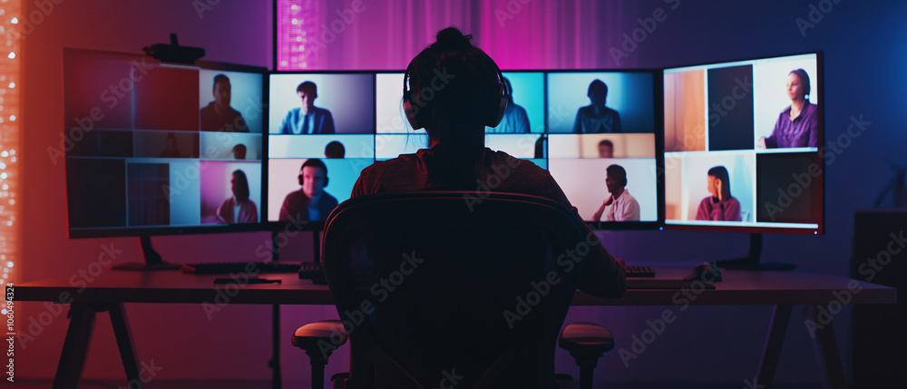 Silhouette of Person on Video Call with Multiple Participants on Monitors, Silhouette of Person on Video Call with Multiple Participants on Silhouette of Person on Video Call with Multiple Participants on Monitors, Silhouette of Person on Video Call with Multiple Participants on