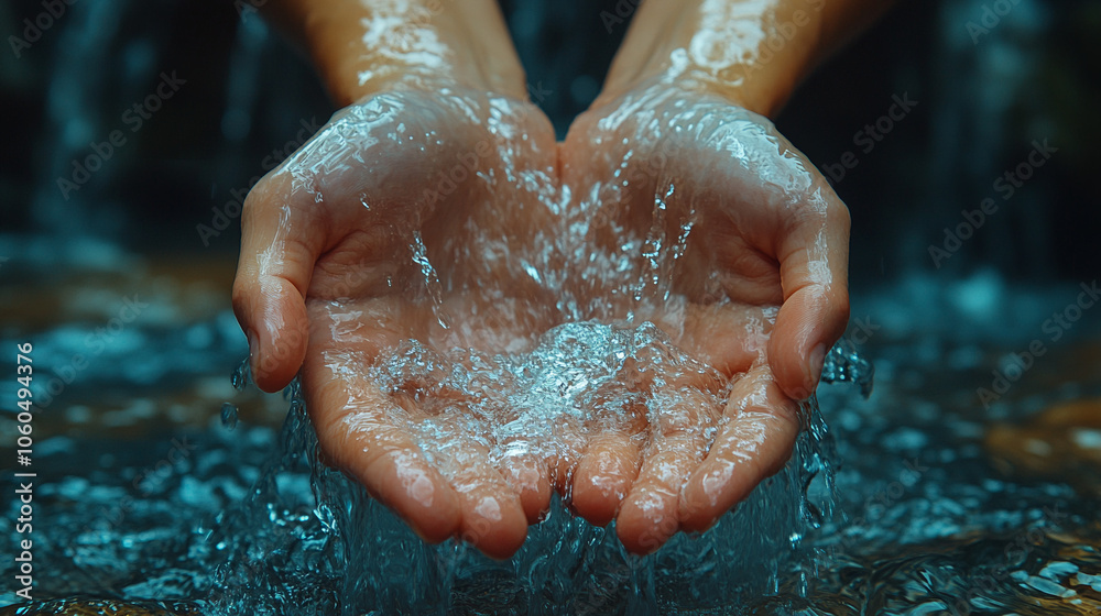 Fototapeta premium water pours through the palms close-up