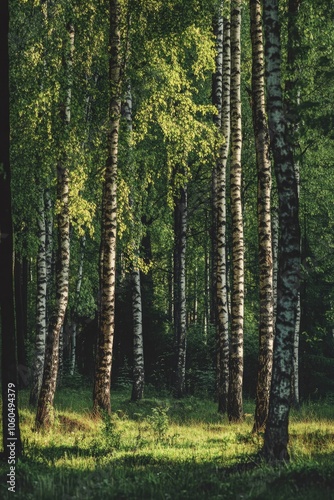 Scenic view of birch trees in the fall with sunlight filtering through the leaves.