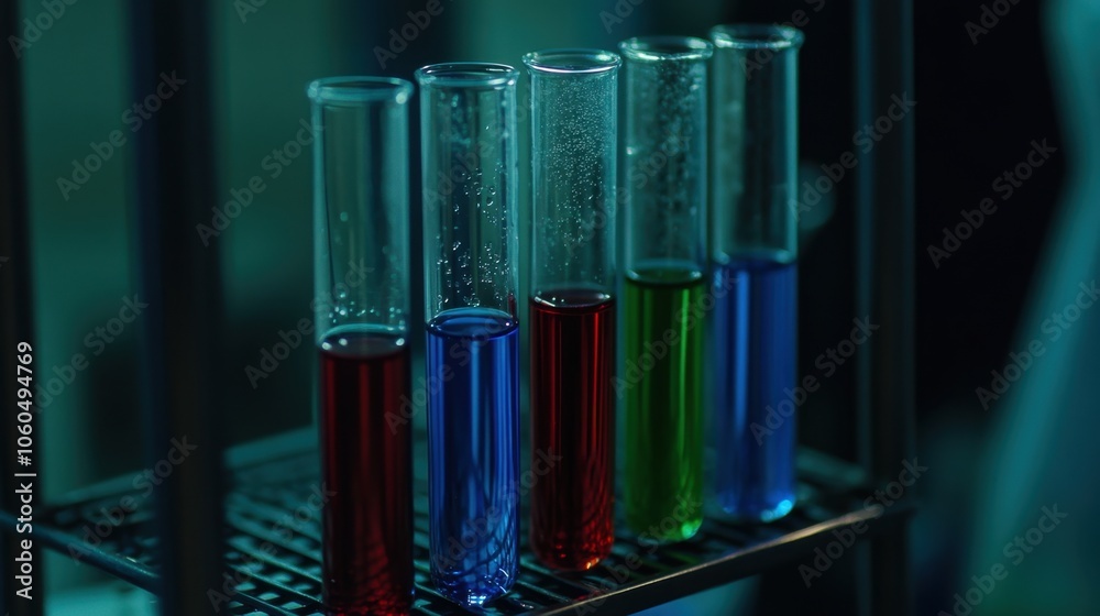 Close-up of test tubes filled with green, blue, and red liquids in a rack, condensation visible, highly realistic Close-up of test tubes filled with green, blue, and red liquids in a rack, condensation visible, highly realistic
