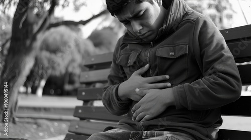 Young male in dark clothing sitting alone on a bench, looking down with hands around midsection. Possible discomfort or stress.