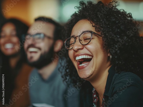 A group of friends are laughing together, enjoying their time indoors. They seem to be having a good time sharing jokes or stories.