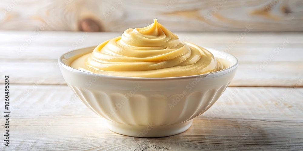 A creamy swirl of yellow dessert in a white bowl rests on a light wood surface. A creamy swirl of yellow dessert in a white bowl rests on a light wood surface.