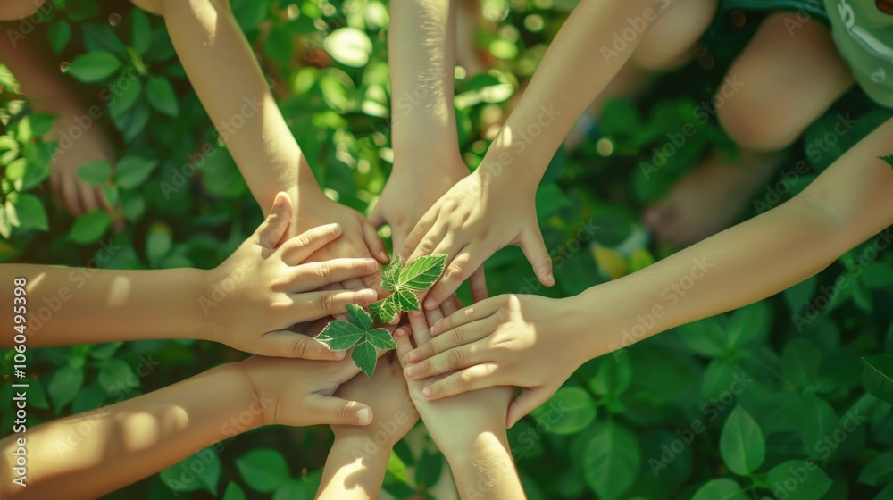 Joyful children come together to plant a tree in the forest. Their hands hold soil and nurture new life.