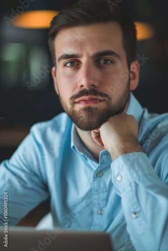 Young man with beard looking at laptop screen.