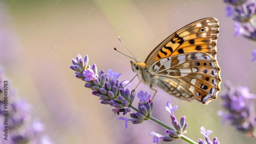 Obraz premium butterfly perched on lavender flower, showcasing vibrant colors and intricate patterns. serene setting highlights beauty of nature and delicate balance of ecosystems