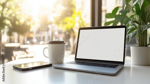 A serene morning unfolds with a cup of steaming coffee beside a sleek smartphone, basking in soft sunlight that creates intricate shadow patterns on a white table.