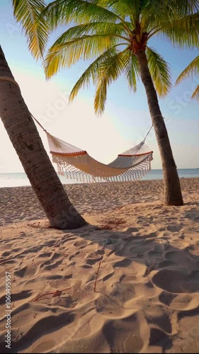 Vertical video of a hammock among palm trees on a sandy beach for a calm and peaceful holiday vacations, getaway and chilling
