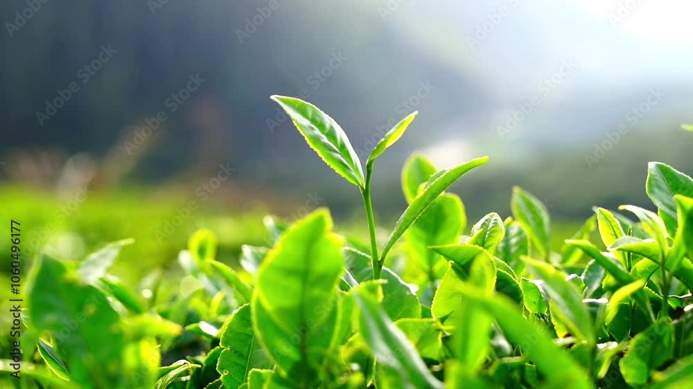 Close up of green tea leaf on plantation