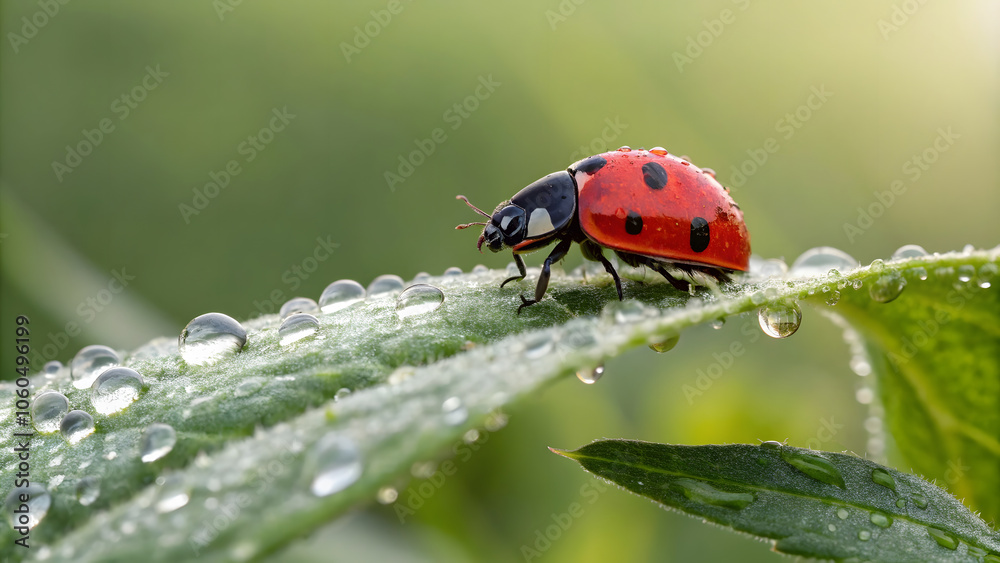 Naklejka premium close up of ladybug on green leaf with dew drops, showcasing nature beauty and detail. vibrant red and black colors contrast beautifully with green background