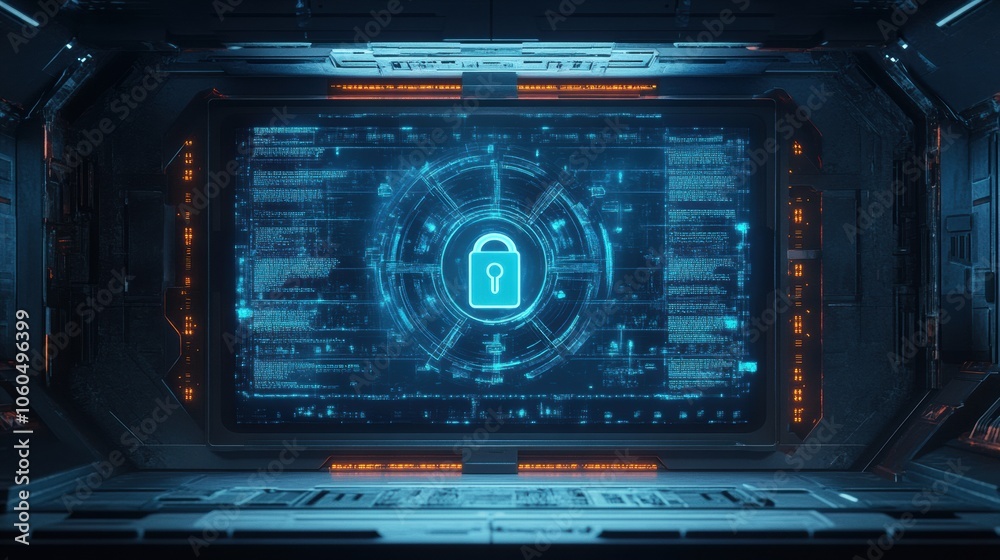 Fototapeta premium The screen shows a prominent lock icon surrounded by a digital interface, highlighting security in a high-tech setting. Generative AI