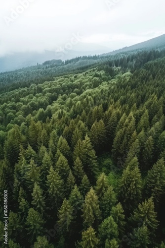 Misty mountain landscape with dense coniferous forest.