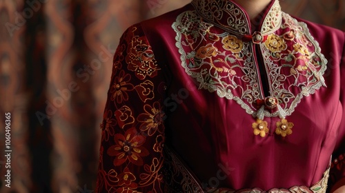 Wearing traditional ethnic attire featuring rich embroidery and colorful patterns.