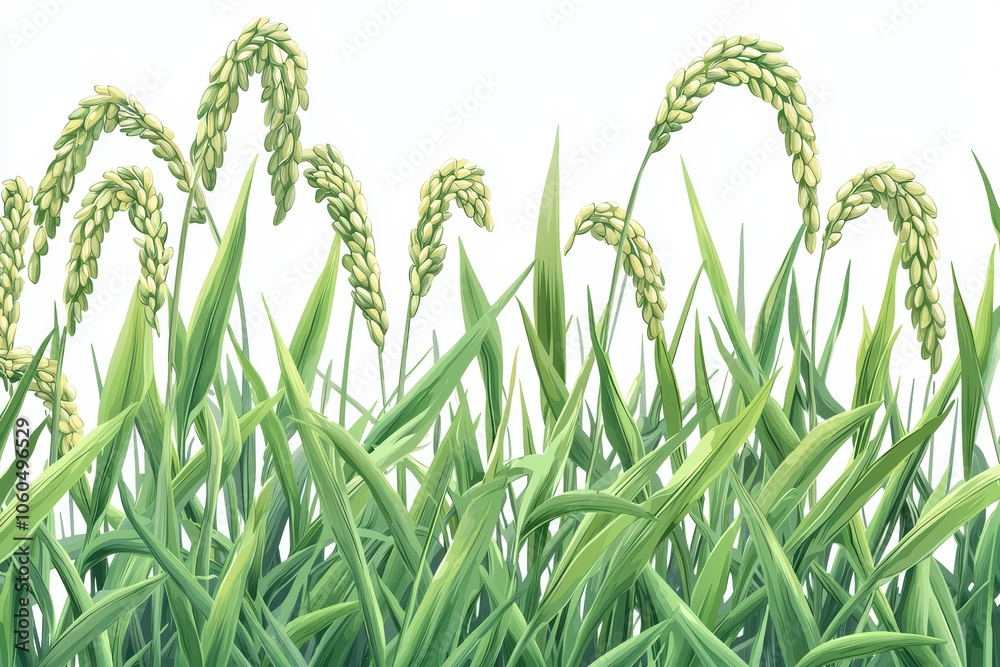 Naklejka premium Vibrant green rice plants with grains against a white background, showcasing agricultural beauty.