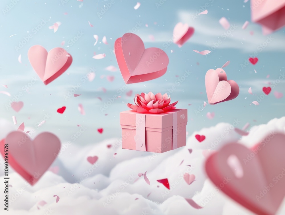 Love and gift concept with hearts falling from the sky, centered around a pink present box. Love and gift concept with hearts falling from the sky, centered around a pink present box.