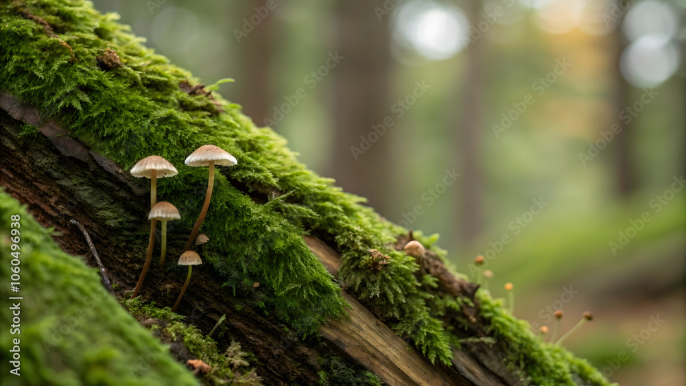Mushrooms growing on moss covered log in serene forest setting ...