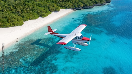 Small plane flying over a remote island, with white sand beaches and turquoise waters.