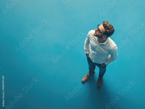 A man in a white shirt and jeans, leaning forward with one hand on his hip, against a bright blue backdrop.