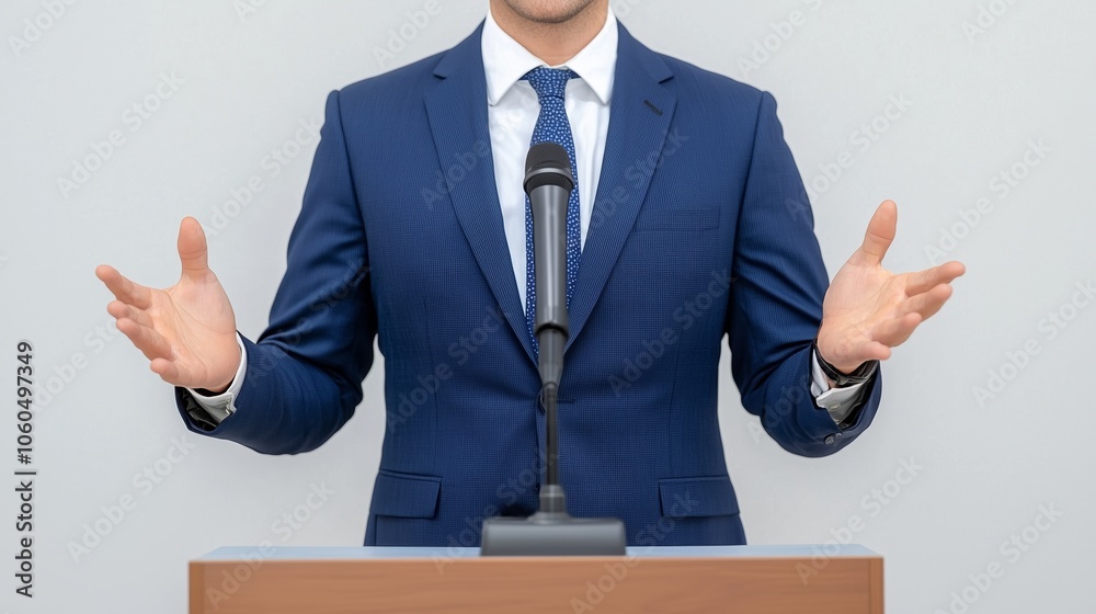Business leader standing at a podium delivering a keynote speech at a corporate event. Business leader standing at a podium delivering a keynote speech at a corporate event.