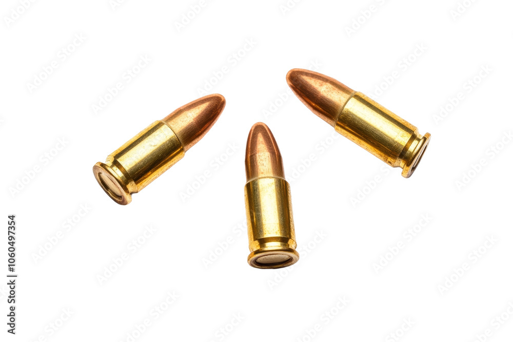 Three brass-cased ammunition cartridges resting on a transparent background, showcasing their shiny finish and detailed design Three brass-cased ammunition cartridges resting on a transparent background, showcasing their shiny finish and detailed design