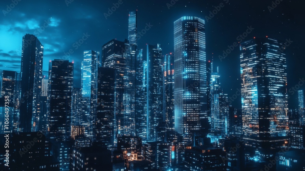 Nighttime view of a technologically advanced city with sleek, illuminated skyscrapers. Premium background for the latest technology needs. Nighttime view of a technologically advanced city with sleek, illuminated skyscrapers. Premium background for the latest technology needs.