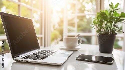 A serene morning unfolds with a cup of steaming coffee beside a sleek smartphone, basking in soft sunlight that creates intricate shadow patterns on a white table.