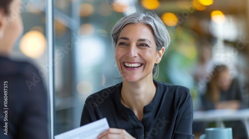 Fototapeta Naklejka Na Ścianę i Meble -  Smiling mature business woman hr holding cv document at job interview. Happy mid aged professional banking manager or lawyer consulting client sitting at workplace in corporate office meeting.