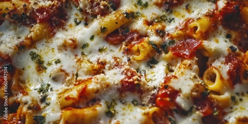 A delicious pasta pizza topped with a variety of ingredients including cheese, meat, spaghetti and herbs.