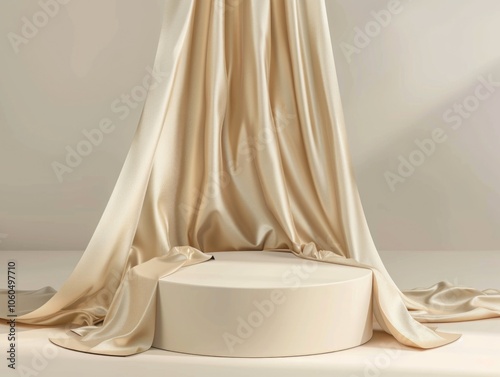 Lustrous, silky golden fabric draped over circular stand. Soft texture and luxurious appearance.