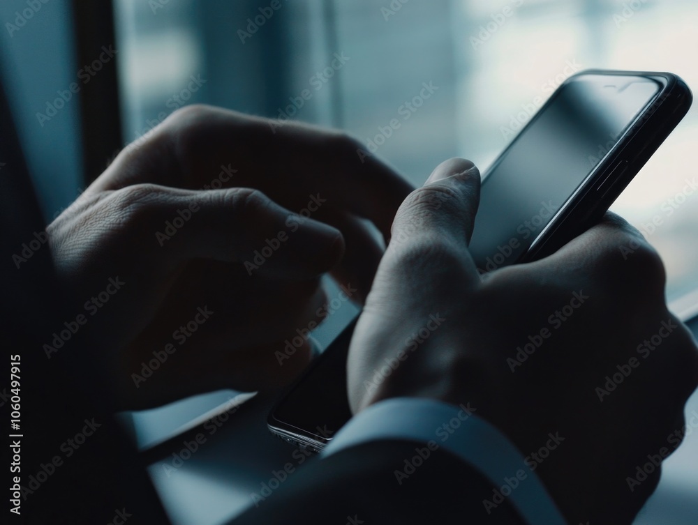 Hand holding phone with thumbs, focusing on device. Hand holding phone with thumbs, focusing on device.