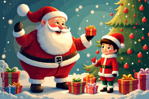 Santa Claus with gifts for children, Big Christmas tree, Family christmas celebration, Christmas family scene illustration