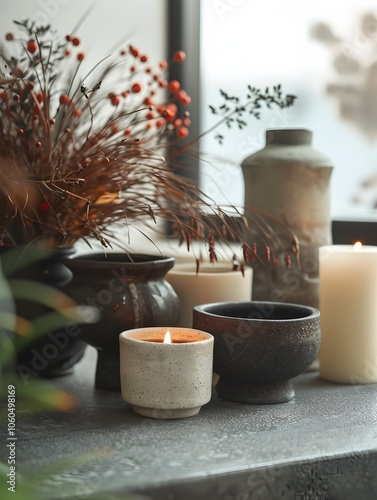 Tranquil Contemporary Japandi Inspired Potted Plant and Decor Arrangement on Slate Table