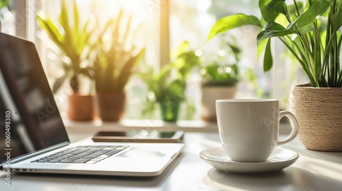 A serene morning unfolds with a cup of steaming coffee beside a sleek smartphone, basking in soft sunlight that creates intricate shadow patterns on a white table.