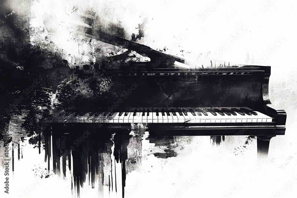 Artistic black and white piano with abstract paint splashes. Artistic black and white piano with abstract paint splashes.