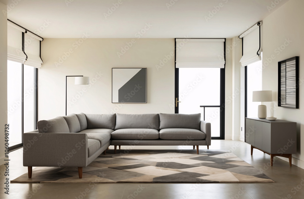 Fototapeta premium Minimalist, japandi interior design of modern living room with stylish furniture