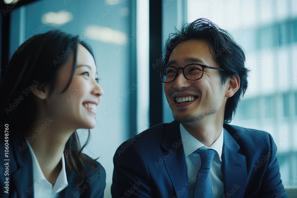 Smiling man and woman in suits discussing work in a conference room. Smiling man and woman in suits discussing work in a conference room.