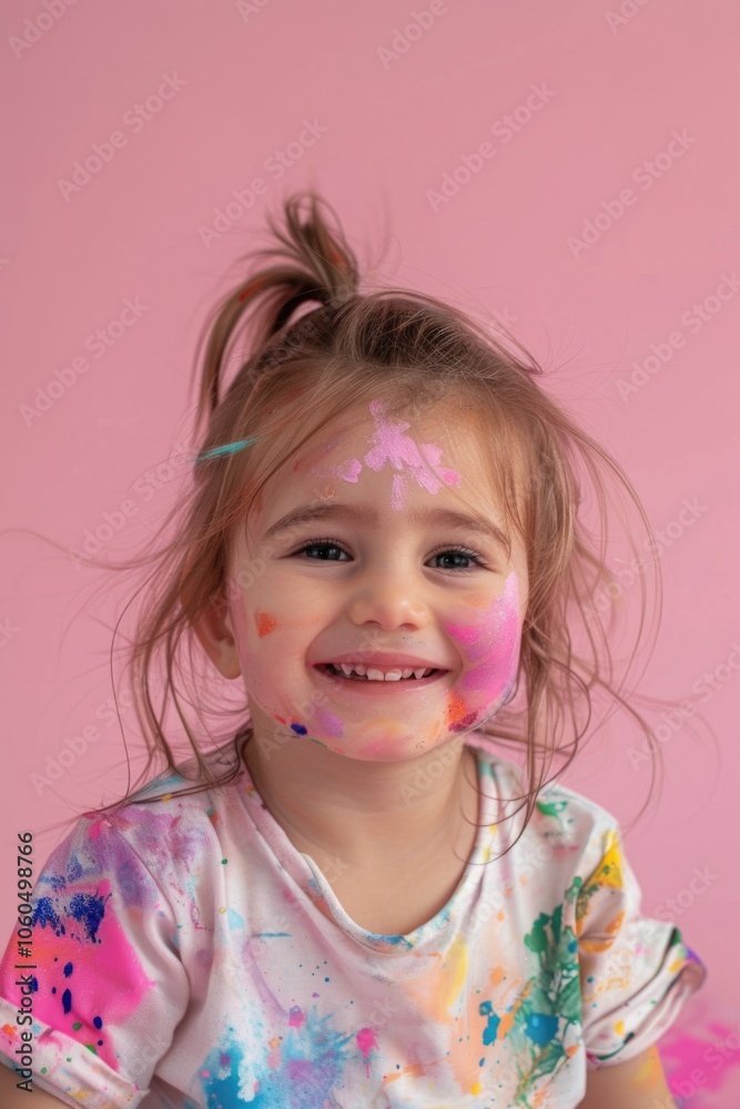 Girl with short hair and a smile, covered in playful splatters of various colors. Girl with short hair and a smile, covered in playful splatters of various colors.