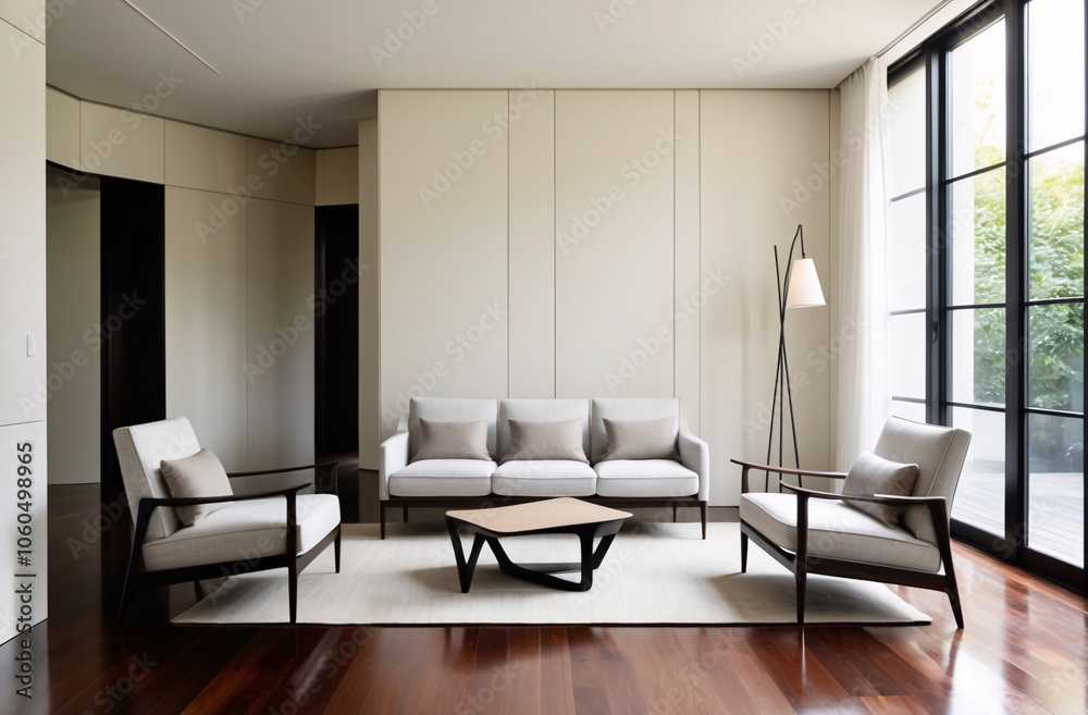 Fototapeta premium Minimalist, japandi interior design of modern living room with stylish furniture