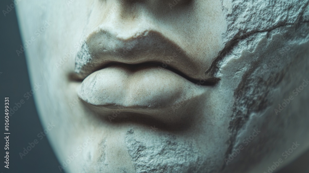 Fototapeta premium Ancient marble head of a figure with detailed carving. A timeless masterpiece.