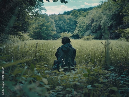 A person sits on a grassy field at the edge of a forest clearing, appreciating the peaceful solitude in nature. photo