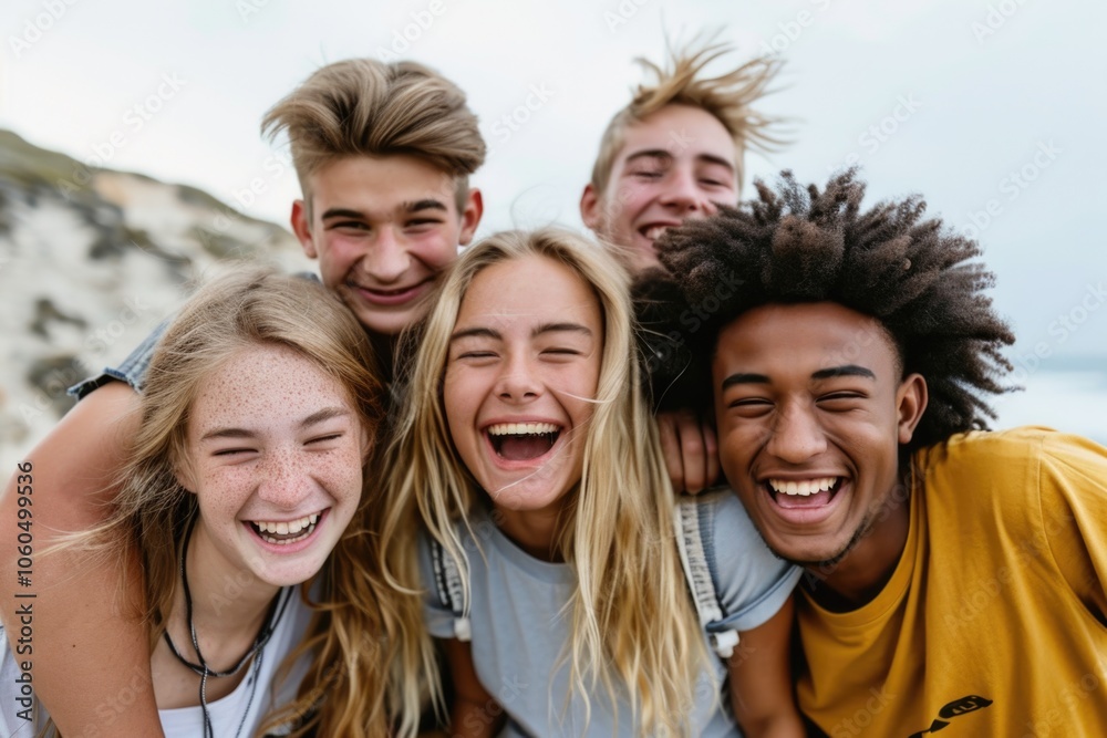 A joyful scene of a group of young people laughing and smiling together at the beach. A joyful scene of a group of young people laughing and smiling together at the beach.