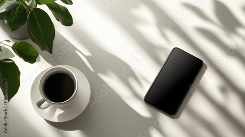 A serene morning unfolds with a cup of steaming coffee beside a sleek smartphone, basking in soft sunlight that creates intricate shadow patterns on a white table.