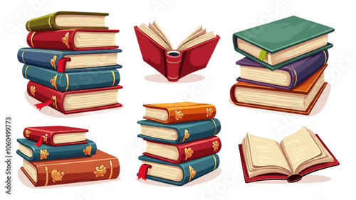 Stacks of books for reading, pile of textbooks for education. Set of literature, dictionaries, encyclopedias, planners with bookmarks. Colored flat vector illustration isolated on white background