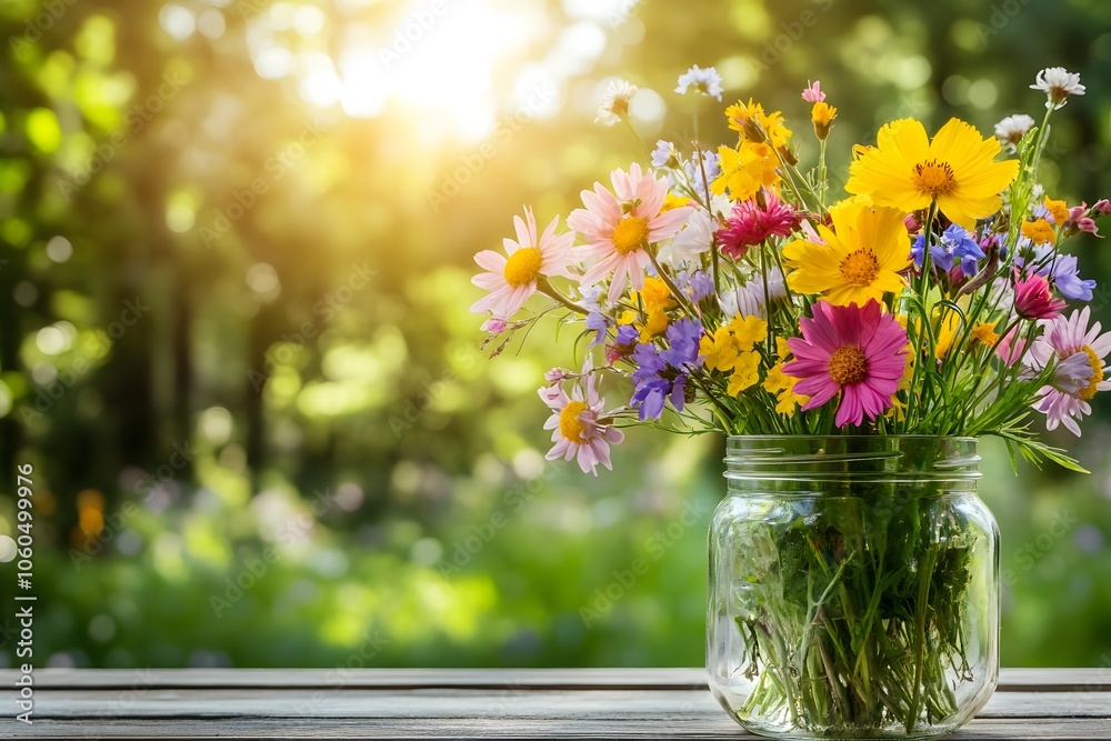 A collection of wildflowers in a glass jar on a camping table with copyspace. A collection of wildflowers in a glass jar on a camping table with copyspace.