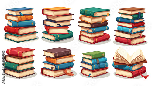 Stacks of books for reading, pile of textbooks for education. Set of literature, dictionaries, encyclopedias, planners with bookmarks. Colored flat vector illustration isolated on white background