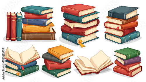 Stacks of books for reading, pile of textbooks for education. Set of literature, dictionaries, encyclopedias, planners with bookmarks. Colored flat vector illustration isolated on white background