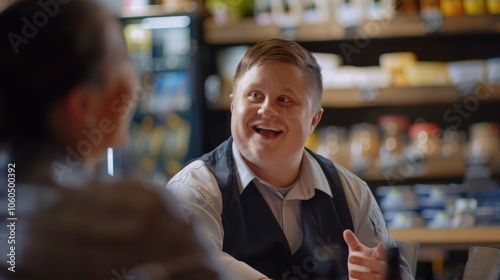 A person in a barista outfit, offering a warm and welcoming smile. This image portrays the enjoyment of customer service interactions in a coffee shop setting.