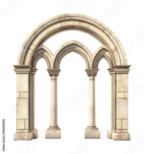 Architectural stone archway with three columns in classic style, transparent photo