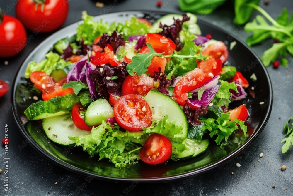 Fresh cucumber salad with tomatoes and lettuce on a black plate. Fresh cucumber salad with tomatoes and lettuce on a black plate.